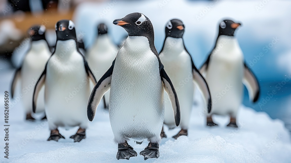 Fototapeta premium A Group of Penguins Walking on Snow and Ice in Antarctica