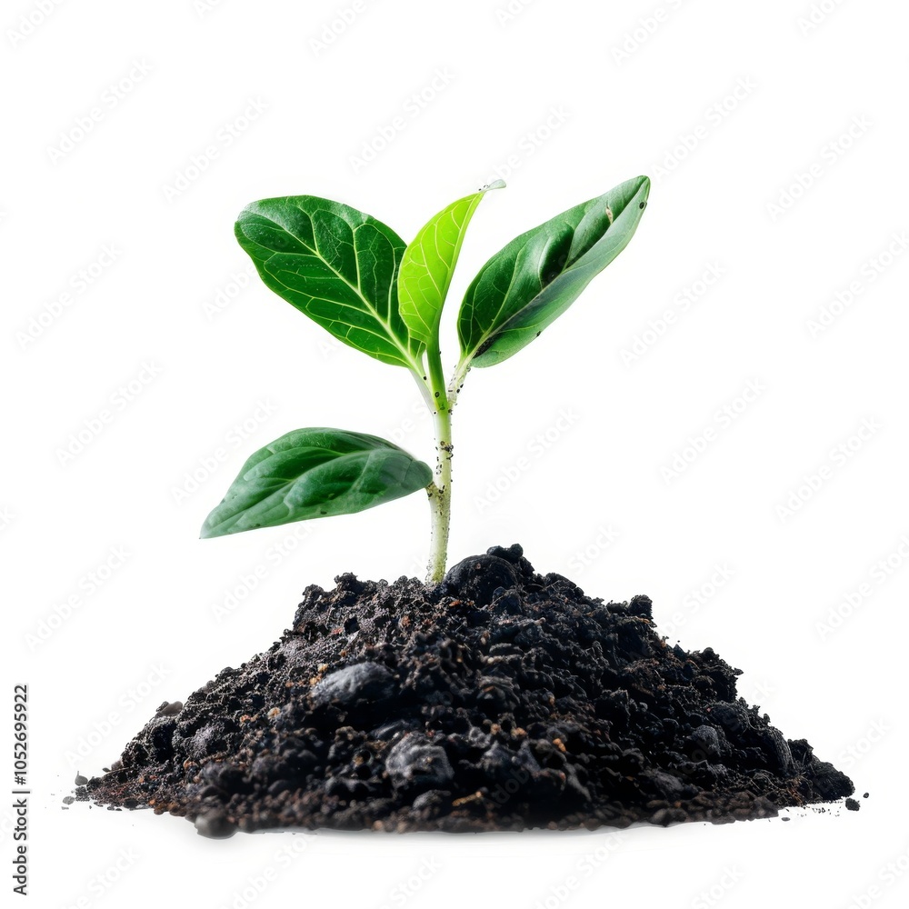 Young sprout isolated, new plant side view, young green seedling in black earth pile closeup isolated Young sprout isolated, new plant side view, young green seedling in black earth pile closeup isolated