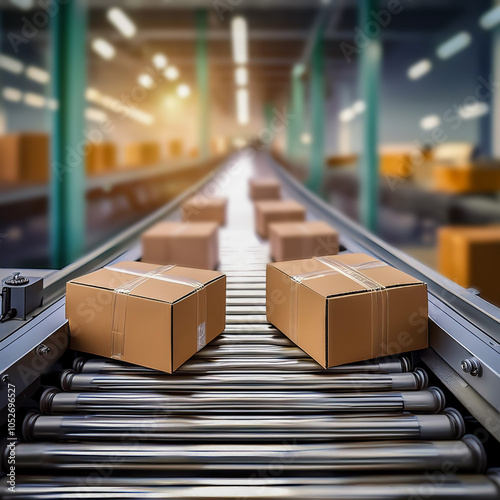 Caixas embaladas e seladas movendo-se em uma esteira em um ambiente de armazém, preparadas para distribuição.