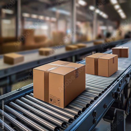 Imagem de uma esteira de fábrica transportando caixas de papelão, destacando a eficiência do processo industrial. photo