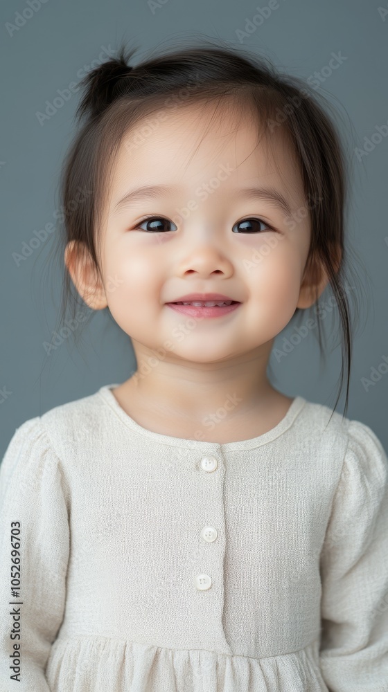 Cheerful young girl smiling in a light-colored dress with a soft background Cheerful young girl smiling in a light-colored dress with a soft background