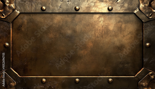 Aged metallic background with a rustic bronze texture and riveted metal frame, evoking an industrial and vintage feel