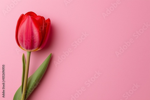 A solitary red tulip with delicate petals, positioned against a soft pastel backdrop in various shades. #1052696950