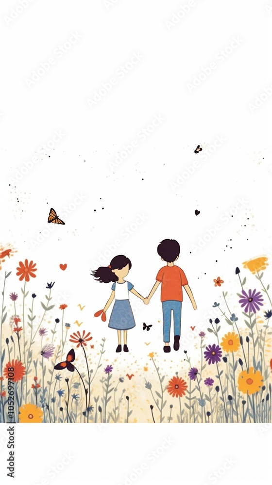Illustration of a young couple holding hands, walking through a colorful flower field. Illustration of a young couple holding hands, walking through a colorful flower field.