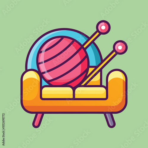 Cozy couch with yarn & knitting needles.