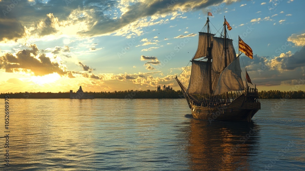 Obraz premium Majestic Sailing Ship at Sunset on Tranquil Waters