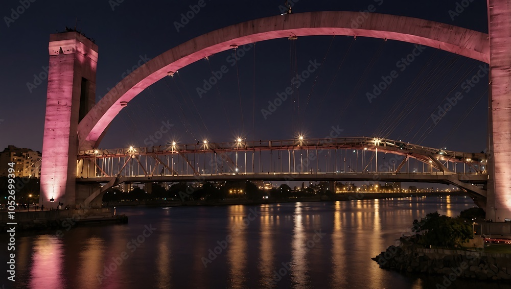 Obraz premium Evening view of the Puente de la Mujer bridge in Buenos Aires, lit with pink lights.