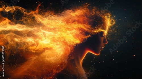 A mesmerizing double exposure of a figure with fiery hair against a starry cosmic backdrop