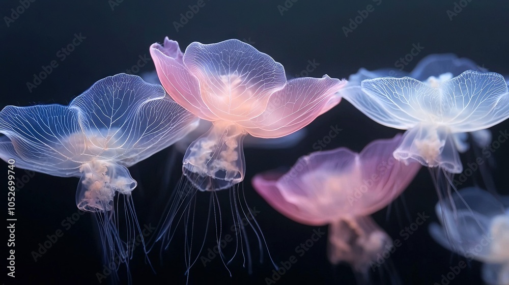 Fototapeta premium A cluster of translucent creatures bobbing atop an azure and magenta expanse against a dark backdrop