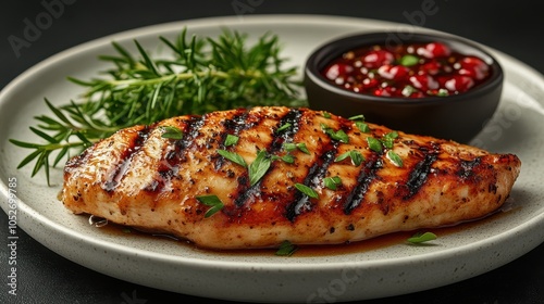 Close-Up of Grilled Chicken Fillet Cooked Sous Vide with Balsamic Sauce on a White Plate, Realistic Food Photography on a Black Background

 photo