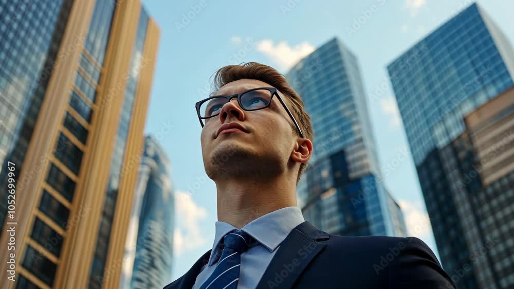 A businessman in a suit and glasses looks up at the skyscrapers in a modern city, on a bright day A businessman in a suit and glasses looks up at the skyscrapers in a modern city, on a bright day