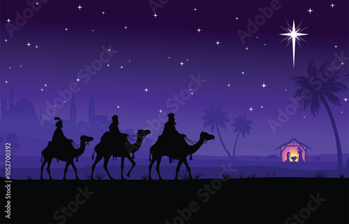 classic Christmas 3 wise men on camel back walking to nativity birth of Jesus Christ in stable with star purple night scene vector illustration