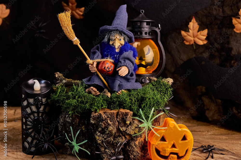 Beldam Tree Halloween card with beldam sitting in a pointy hat with a broom on a ...