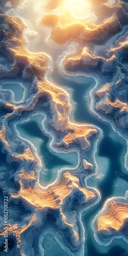 A breathtaking aerial view of a winding river system, illuminated by the soft glow of sunlight reflecting off golden sands and blue waters, creating a mesmerizing landscape. photo