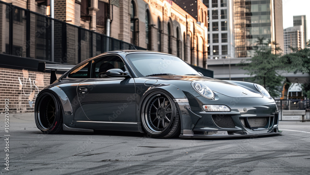 Sleek modified sports car with wide fenders parked in an urban setting Sleek modified sports car with wide fenders parked in an urban setting