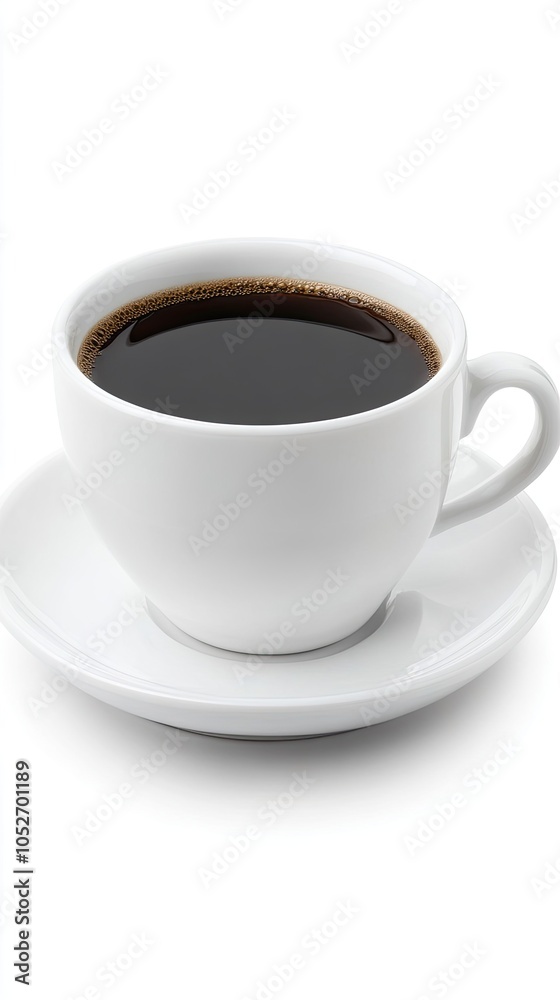A white cup filled with coffee and milk sits on a saucer, surrounded by a calming white background, offering a peaceful moment of enjoyment A white cup filled with coffee and milk sits on a saucer, surrounded by a calming white background, offering a peaceful moment of enjoyment