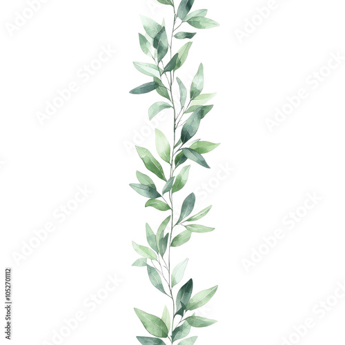 Watercolor Green Leaves Vertical Seamless Pattern
