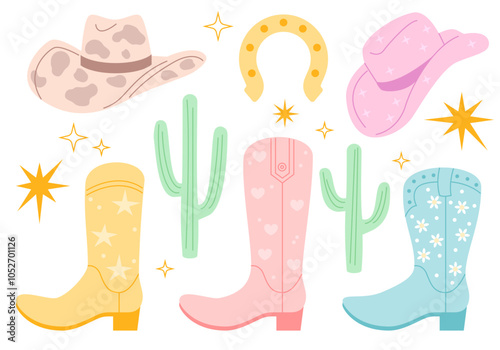 Collection of Cowboy fashion elements. Cowgirl boots, hat, horseshoe, cactus. Cowboy western and wild west theme. Rodeo design. Country music