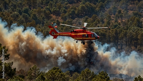 Firefighting helicopter battling a wildfire in Plaine des Maures, France. photo