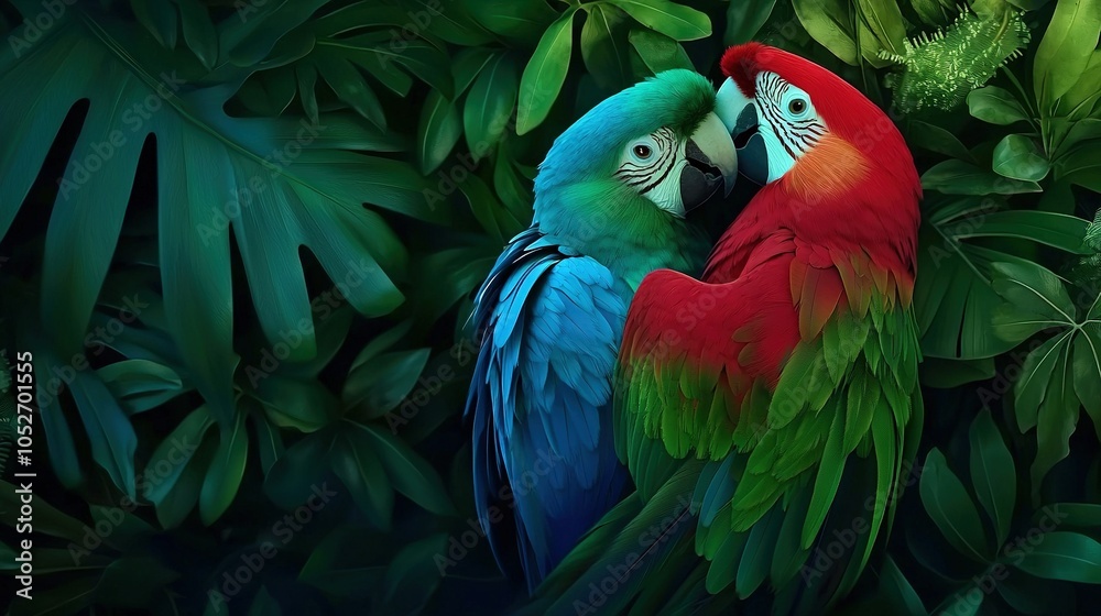 Obraz premium A pair of vibrant parrots perched together on a verdant leaf in a dense, leafy forest