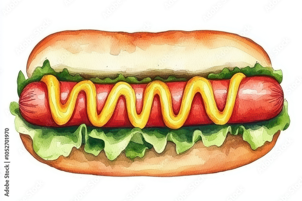 A colorful illustration of a hot dog topped with mustard and lettuce, served in a bun, evoking a classic American snack. A colorful illustration of a hot dog topped with mustard and lettuce, served in a bun, evoking a classic American snack.