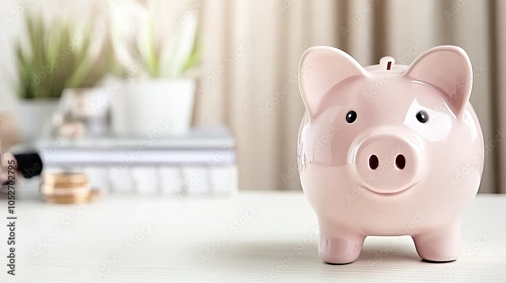 A vibrant pink piggy bank sits on a radiator near a beige wall, inviting thoughts of saving and budgeting in a clear, distraction-free setting A vibrant pink piggy bank sits on a radiator near a beige wall, inviting thoughts of saving and budgeting in a clear, distraction-free setting