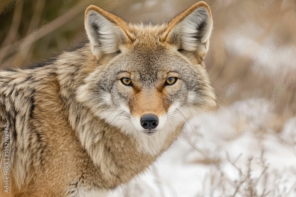Coyote stalking captured in vivid portrait photography, striking hues and gradients, space for text, harmonious composition, captivating imagery. Coyote stalking captured in vivid portrait photography, striking hues and gradients, space for text, harmonious composition, captivating imagery.