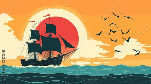 Vintage Sailing Ship Against a Sunset Background