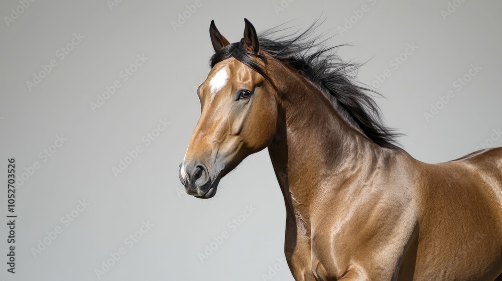 Obraz premium Friesian Horse trotting portrait showcasing realistic textures and lighting, vibrant solid colors in high-contrast, spacious background complementing text.