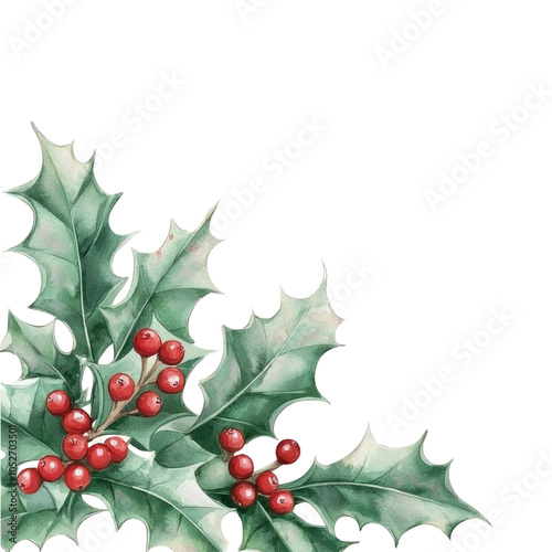 Watercolor Illustration of Holly Berries and Leaves Corner Border