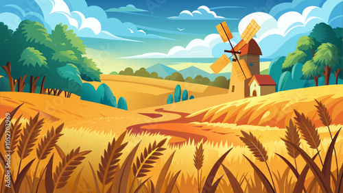 Bright golden fields with a quaint windmill under a blue sky at sunset in a rural landscape