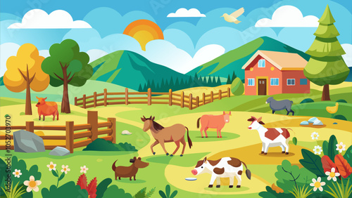 A vibrant farm landscape showcasing animals and greenery during a sunny day