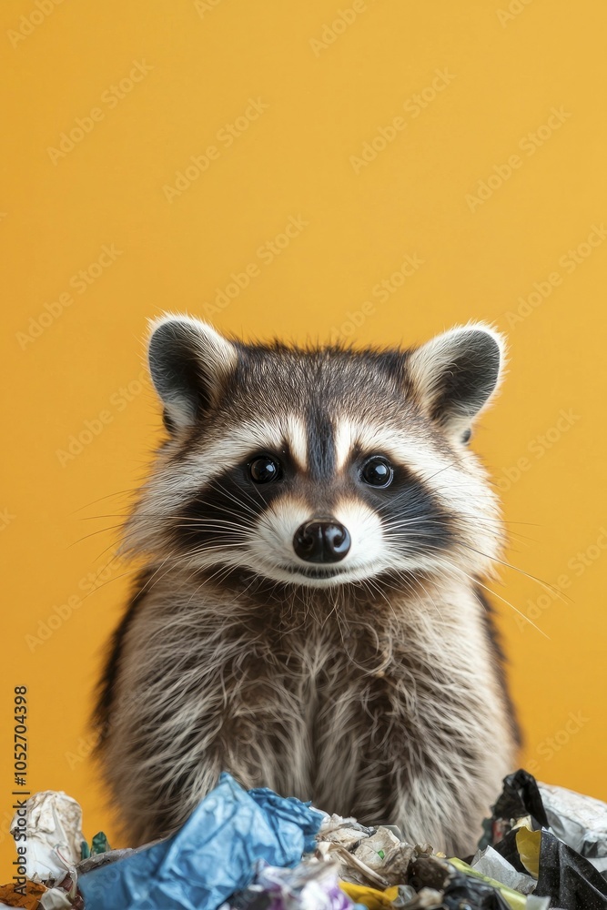 Raccoon with trash in realistic portrait style showcasing rich textures and dramatic lighting against a vibrant solid color backdrop. Open space for text.