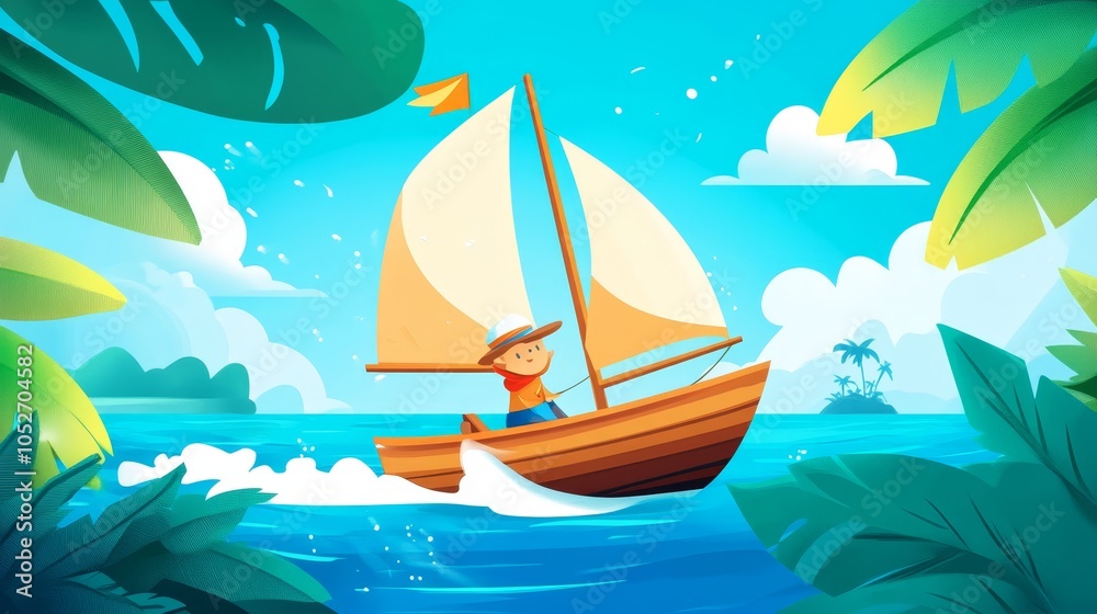 Cartoon Sailboat Adventure in Tropical Waters Cartoon Sailboat Adventure in Tropical Waters