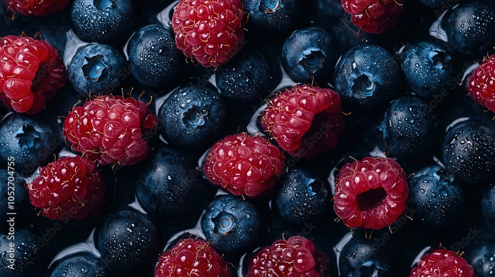 Berries are visible in close-up Water droplets adorn both sides, one at the top and another at the bottom of the berries Berries are visible in close-up Water droplets adorn both sides, one at the top and another at the bottom of the berries
