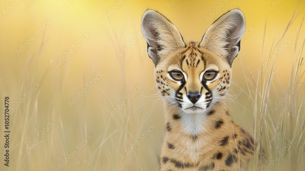 Fototapeta premium Serval stalking through tall grass, dramatic lighting accentuating fur textures against a rich solid backdrop, generous space for overlay text.