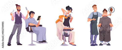 Barbers. Haircut service barbershop characters beauty salon exact vector barbers workers in cartoon style