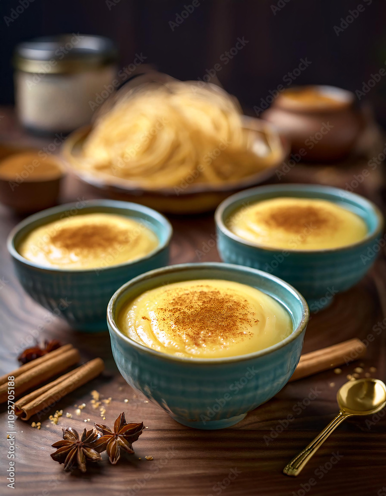 Three bowls of creamy custard topped with cinnamon, served on a wooden table with cinnamon sticks and star anise