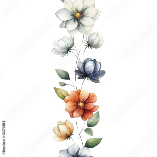 Watercolor Floral Border with White, Blue, Yellow and Orange Flowers