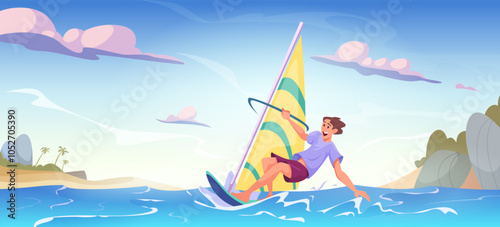 Water sport. Activities on water kayaking diving swimming relax time on beach surfing characters exact vector cartoon background
