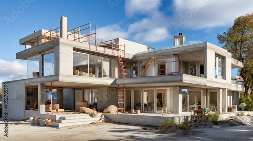 A modern house under construction with scaffolding and concrete exterior.