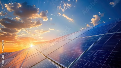 Solar panels at sunset with blue sky and sun in the background. Photovoltaic power plant concept