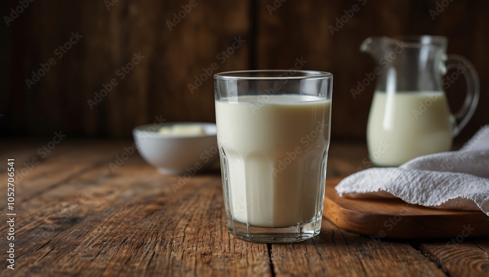 Glass of milk on a wooden table Glass of milk on a wooden table