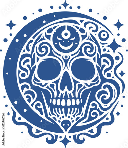 Stylized skull with intricate circular pattern in blue and white digital and ornamental art style