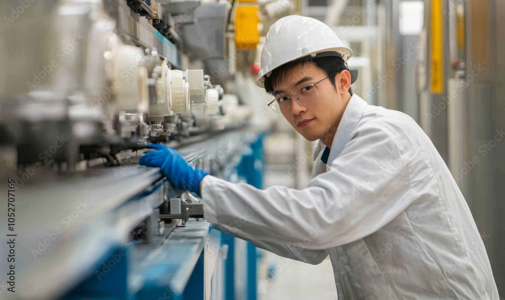 A Chinese male engineer working diligently on a production line in a modern, clean factory setting during daylight hours A Chinese male engineer working diligently on a production line in a modern, clean factory setting during daylight hours