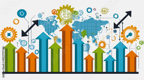 abstract business man stands on the peak of success amid tall, innovative Arrows point the way to success. and graphs with statistics to analyze business potential and predict future developments in