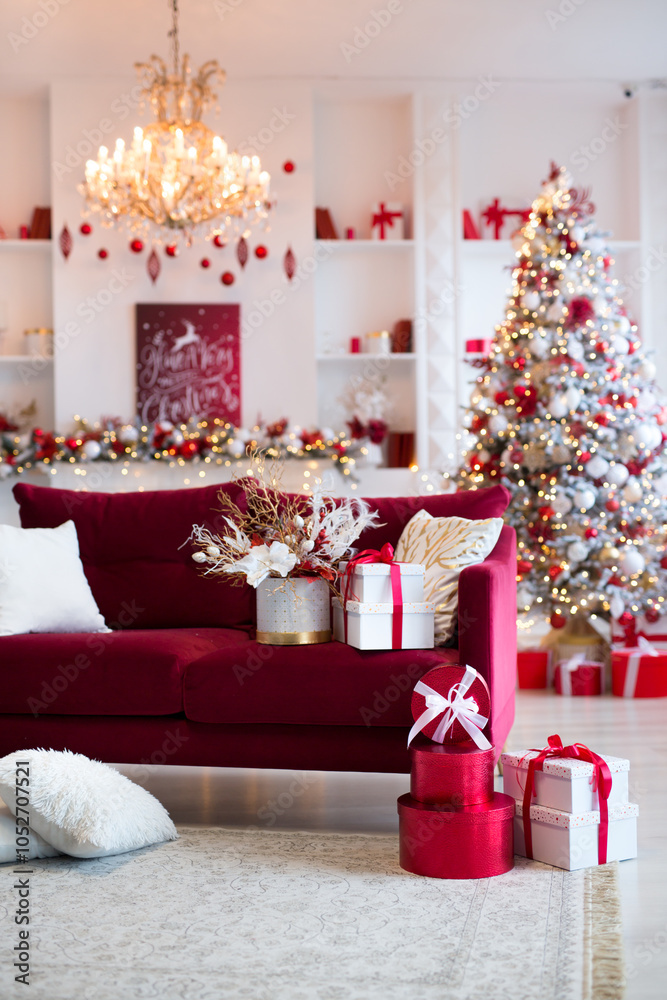 A Beautifully Festive Christmas Living Room, Complete with Elegant Decorations and Comforts A Beautifully Festive Christmas Living Room, Complete with Elegant Decorations and Comforts