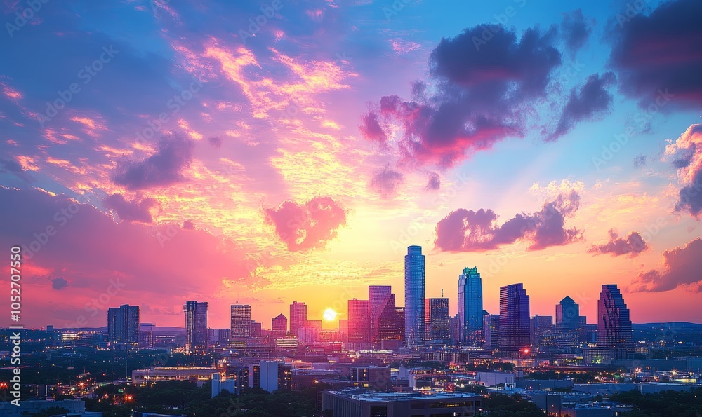 Obraz premium A city skyline with a beautiful sunset in the background