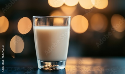 A clear glass of milk sits on a dark surface, highlighting its creamy texture and inviting appearance during evening light