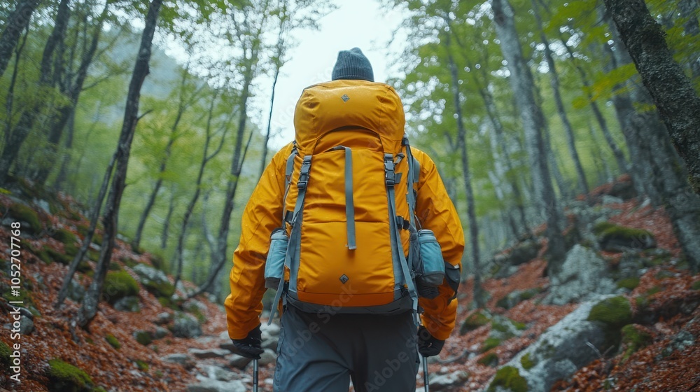 A Hiker in a Forest with a Bright Yellow Backpack A Hiker in a Forest with a Bright Yellow Backpack